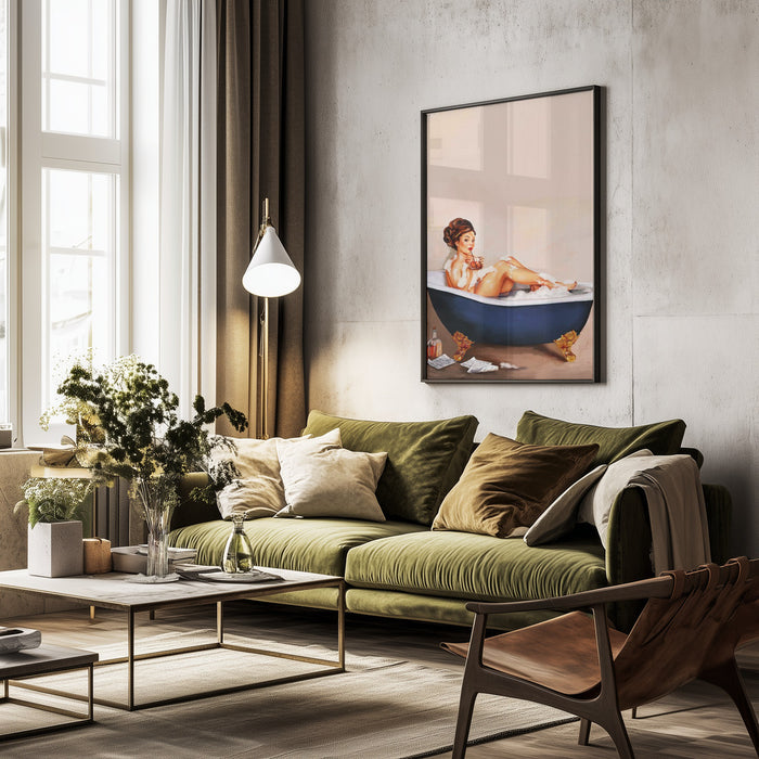 Bathtub Drinks: Pinup Girl Drinking In Bathroom - The Whiskey Ginger Framed Art | Home or Office Art
