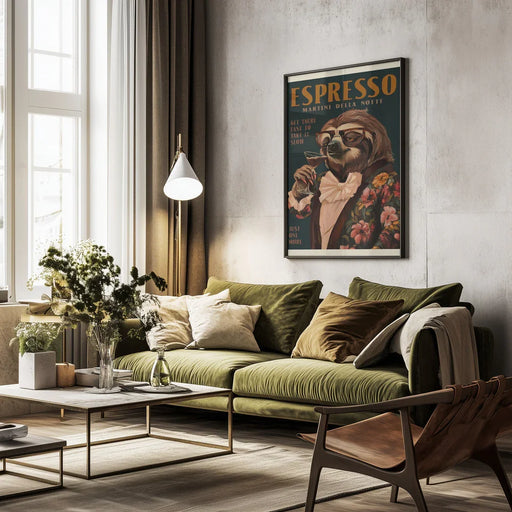 Art Deco Espresso Martini Drinking Sloth - The Whiskey Ginger Framed Art | Home or Office Art