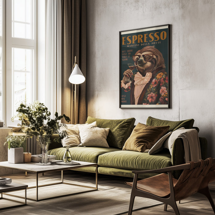 Art Deco Espresso Martini Drinking Sloth - The Whiskey Ginger Framed Art | Home or Office Art