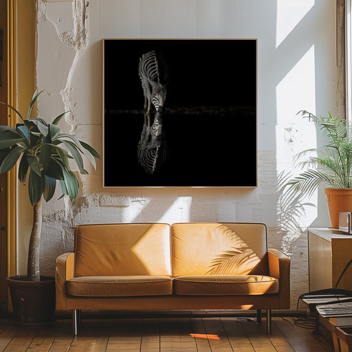 Drinking Zebra by Bart Michiels Square Canvas Print Art for Modern Home Decor. Decorate your office or living room with canvas artwork