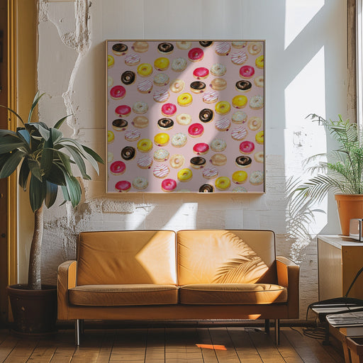 Watercolor donuts pattern in pink by Rosana Laiz Blursbyai Square Canvas Print Art for Modern Home Decor. Decorate your office or living room with canvas artwork