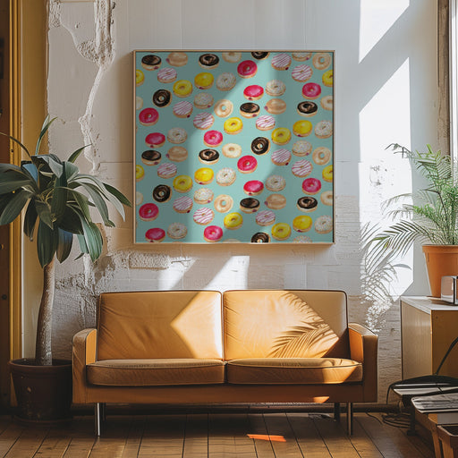 Watercolor donuts pattern in aqua by Rosana Laiz Blursbyai Square Canvas Print Art for Modern Home Decor. Decorate your office or living room with canvas artwork