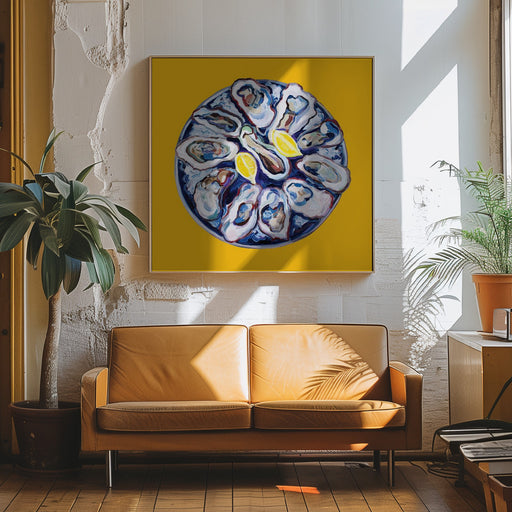 Oysters On a Plate Yellow by Alice Straker Square Canvas Print Art for Modern Home Decor. Decorate your office or living room with canvas artwork