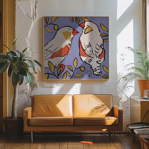 Finch   Love Birds   Purple Background  2.png Square Canvas Art  Erum Khalili 