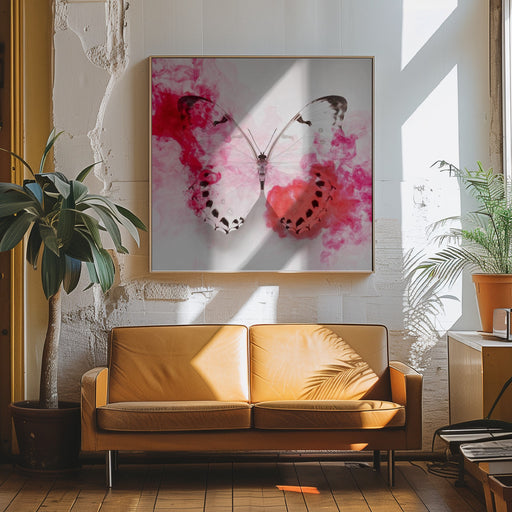 White Morpho Butterfly With Crimson Ink by Alyson Fennell Square Canvas Print Art for Modern Home Decor. Decorate your office or living room with canvas artwork