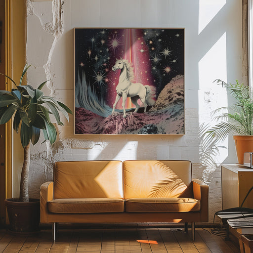 1980s Magical Horse Collage Art by Samantha Hearn Square Canvas Print Art for Modern Home Decor. Decorate your office or living room with canvas artwork