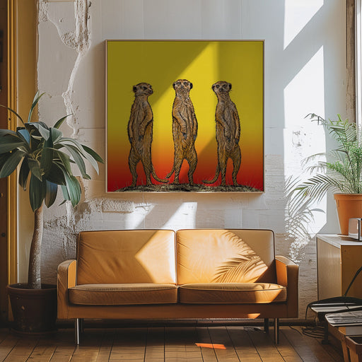 Meerkat Gang at Sunset by Carlo Kaminski Square Canvas Print Art for Modern Home Decor. Decorate your office or living room with canvas artwork