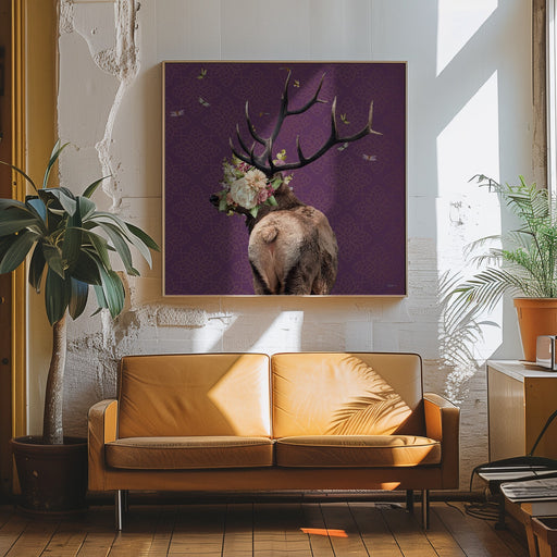 Spring Flower Bonnet On Deer by Sue Skellern Square Canvas Print Art for Modern Home Decor. Decorate your office or living room with canvas artwork
