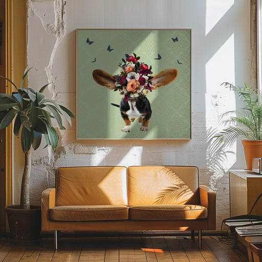 Spring Flower Bonnet On Doggy by Sue Skellern Square Canvas Print Art for Modern Home Decor. Decorate your office or living room with canvas artwork