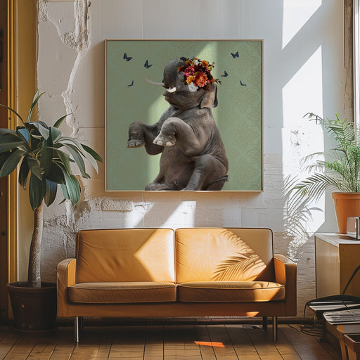Spring Flower Bonnet On Elephant by Sue Skellern Square Canvas Print Art for Modern Home Decor. Decorate your office or living room with canvas artwork
