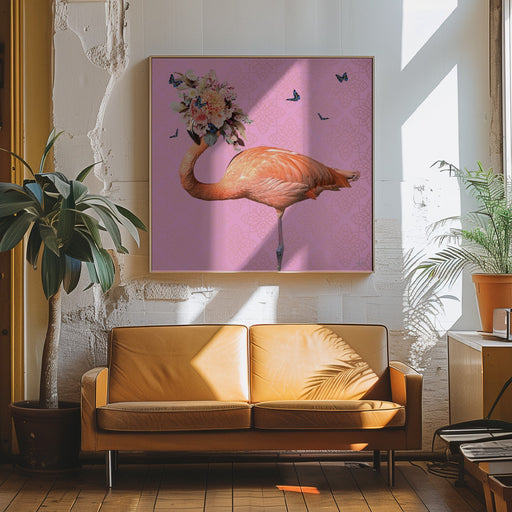 Spring Flower Bonnet On Flamingo by Sue Skellern Square Canvas Print Art for Modern Home Decor. Decorate your office or living room with canvas artwork