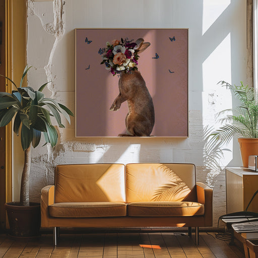 Spring Flower Bonnet On Rabbit by Sue Skellern Square Canvas Print Art for Modern Home Decor. Decorate your office or living room with canvas artwork