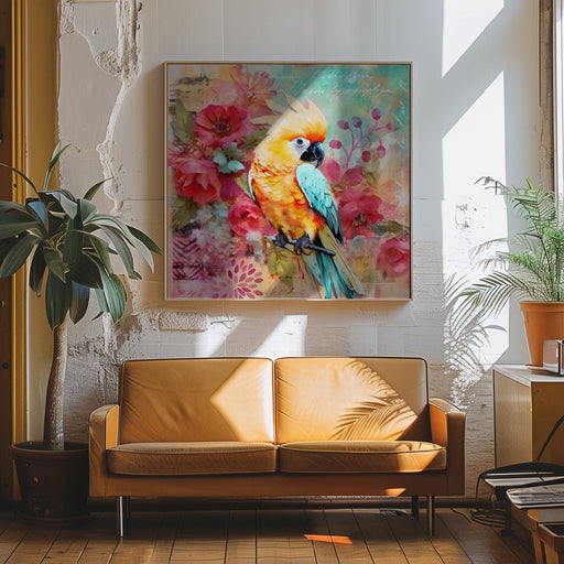 Parrots Tropical Garden by Andrea Haase Square Canvas Print Art for Modern Home Decor. Decorate your office or living room with canvas artwork
