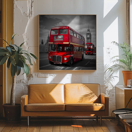 LONDON Red Buses on Westminster Bridge by Melanie Viola Square Canvas Print Art for Modern Home Decor. Decorate your office or living room with canvas artwork