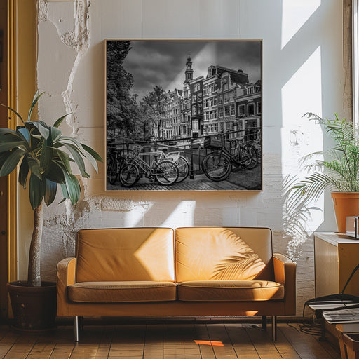 AMSTERDAM Flower Canal black & white by Melanie Viola Square Canvas Print Art for Modern Home Decor. Decorate your office or living room with canvas artwork