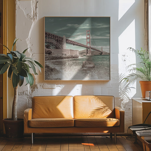 GOLDEN GATE BRIDGE Coastline Impression | urban vintage style by Melanie Viola Square Canvas Print Art for Modern Home Decor. Decorate your office or living room with canvas artwork