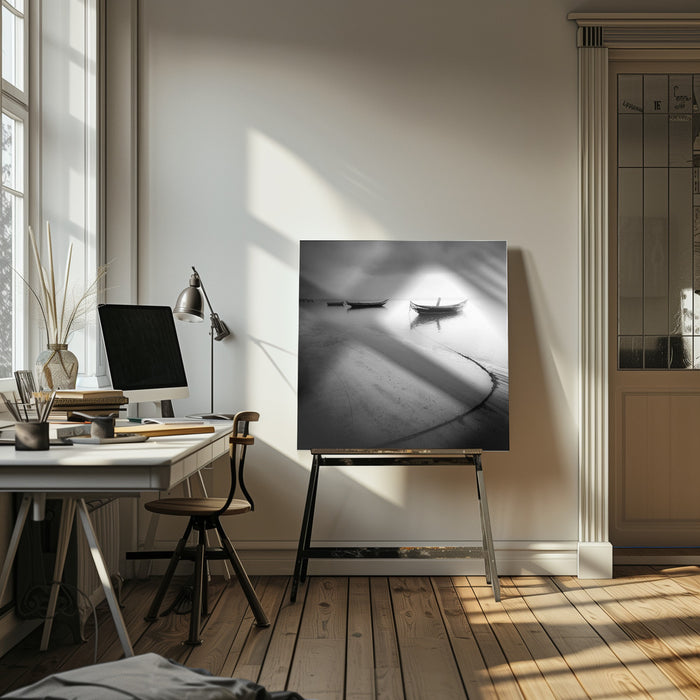 Calm Lake Boats by Marco Faria Square Canvas Print Art for Modern Home Decor. Decorate your office or living room with canvas artwork