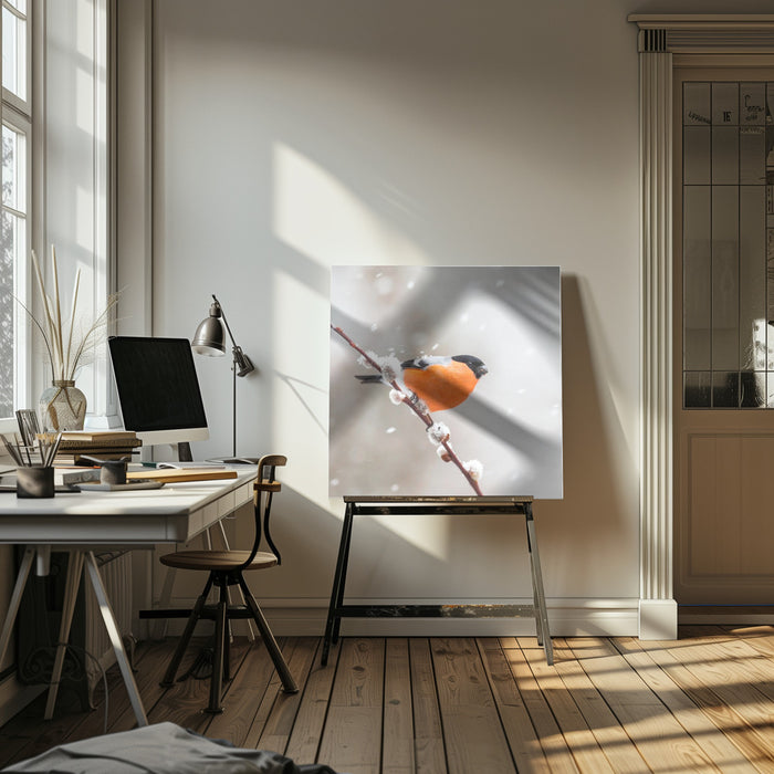 Bullfinch in a snowstorm. by Annie Keizer Square Canvas Print Art for Modern Home Decor. Decorate your office or living room with canvas artwork