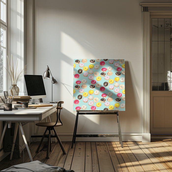 Watercolor donuts pattern in aqua by Rosana Laiz Blursbyai Square Canvas Print Art for Modern Home Decor. Decorate your office or living room with canvas artwork