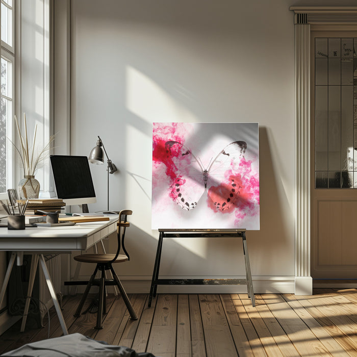 White Morpho Butterfly With Crimson Ink by Alyson Fennell Square Canvas Print Art for Modern Home Decor. Decorate your office or living room with canvas artwork