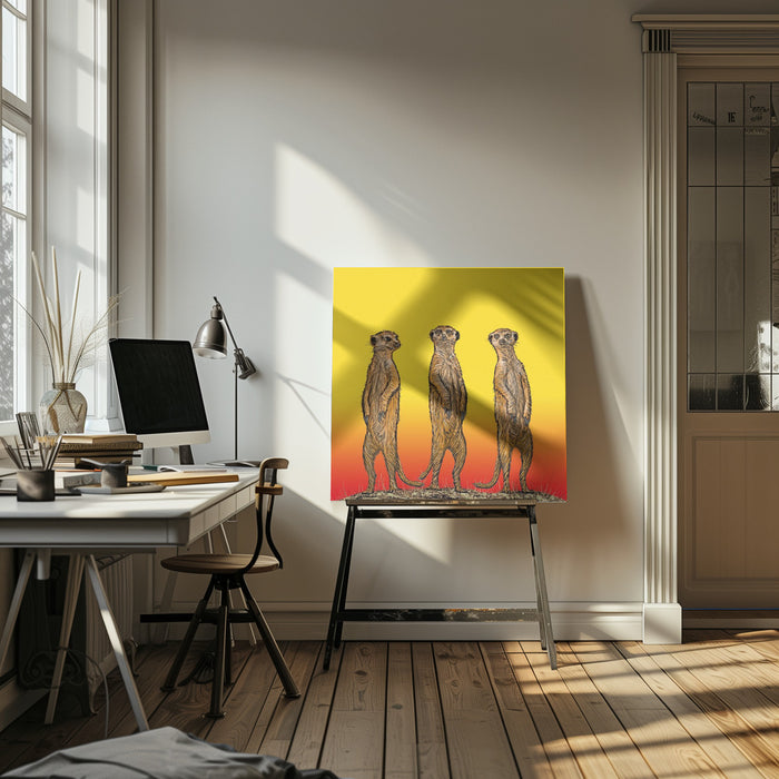 Meerkat Gang at Sunset by Carlo Kaminski Square Canvas Print Art for Modern Home Decor. Decorate your office or living room with canvas artwork