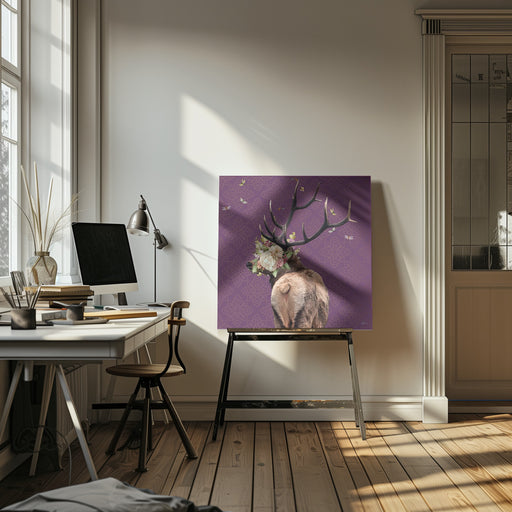 Spring Flower Bonnet On Deer by Sue Skellern Square Canvas Print Art for Modern Home Decor. Decorate your office or living room with canvas artwork