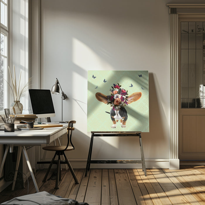 Spring Flower Bonnet On Doggy by Sue Skellern Square Canvas Print Art for Modern Home Decor. Decorate your office or living room with canvas artwork