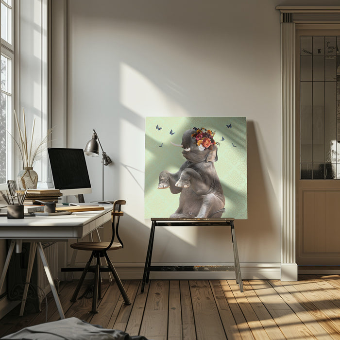 Spring Flower Bonnet On Elephant by Sue Skellern Square Canvas Print Art for Modern Home Decor. Decorate your office or living room with canvas artwork