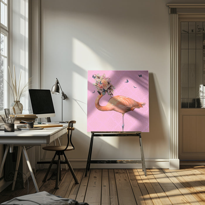 Spring Flower Bonnet On Flamingo by Sue Skellern Square Canvas Print Art for Modern Home Decor. Decorate your office or living room with canvas artwork