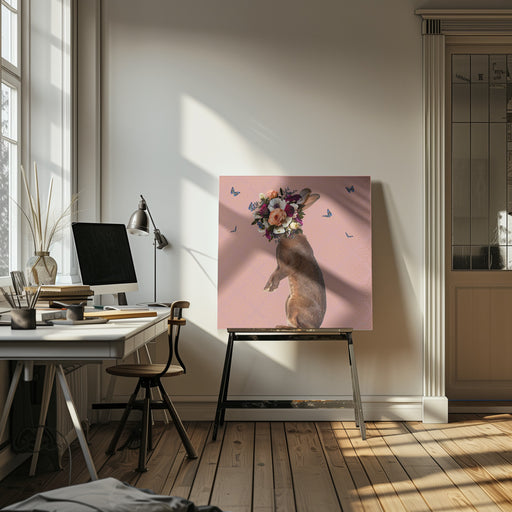 Spring Flower Bonnet On Rabbit by Sue Skellern Square Canvas Print Art for Modern Home Decor. Decorate your office or living room with canvas artwork