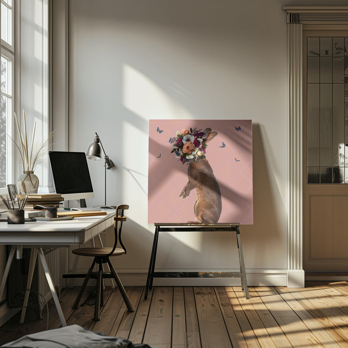Spring Flower Bonnet On Rabbit by Sue Skellern Square Canvas Print Art for Modern Home Decor. Decorate your office or living room with canvas artwork