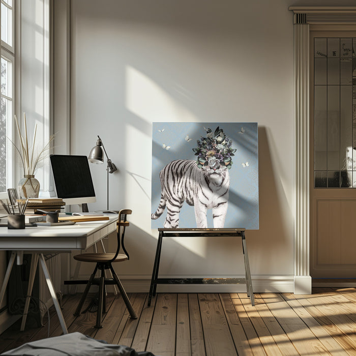 Spring Flower Bonnet On White Tiger by Sue Skellern Square Canvas Print Art for Modern Home Decor. Decorate your office or living room with canvas artwork