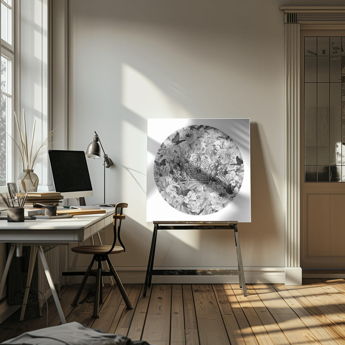 Candy Blooms & Crown Black & White by Sue Skellern Square Canvas Print Art for Modern Home Decor. Decorate your office or living room with canvas artwork