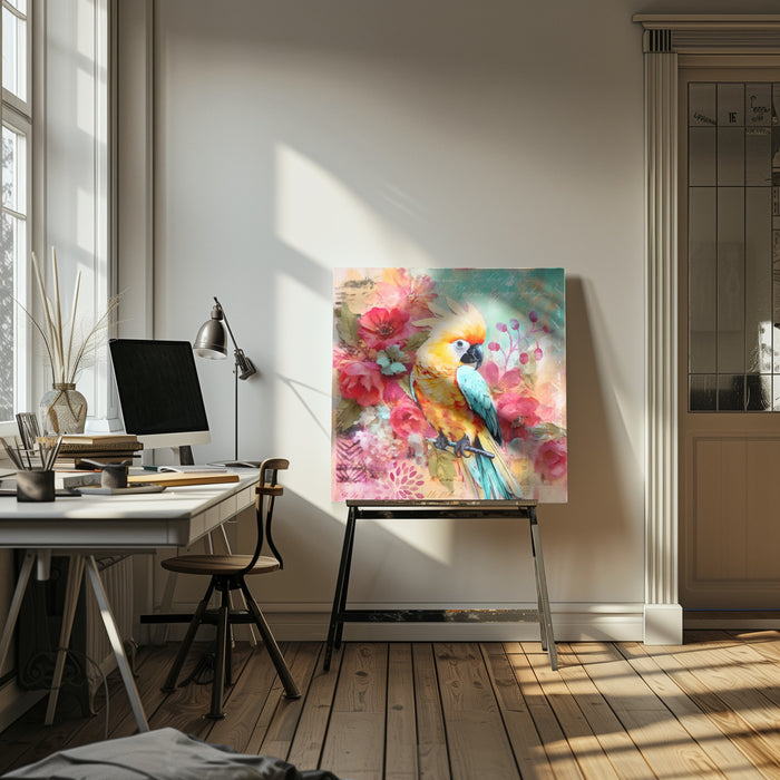 Parrots Tropical Garden by Andrea Haase Square Canvas Print Art for Modern Home Decor. Decorate your office or living room with canvas artwork