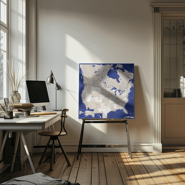 Highly detailed map of the United States, Kameryn by Rosana Laiz Blursbyai Square Canvas Print Art for Modern Home Decor. Decorate your office or living room with canvas artwork