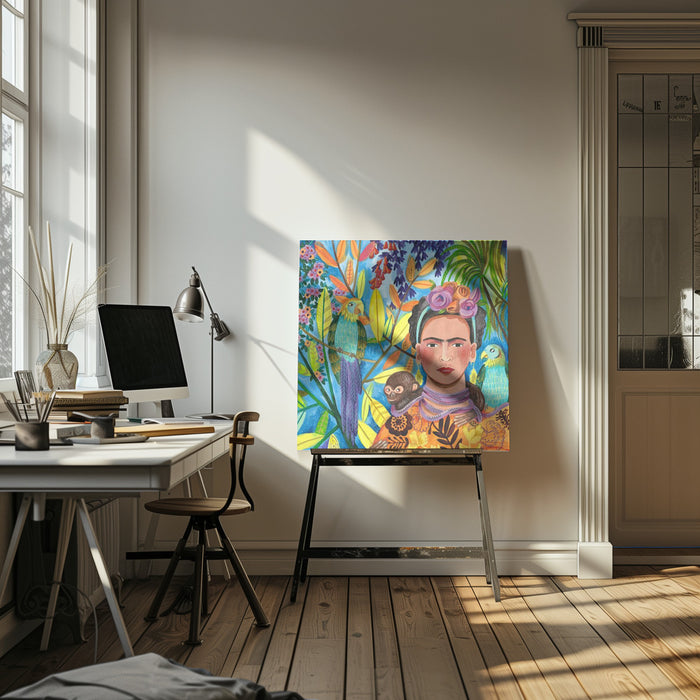 Frida and her parrots by Caroline Bonne Müller Square Canvas Print Art for Modern Home Decor. Decorate your office or living room with canvas artwork