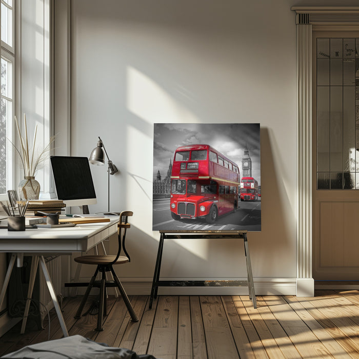 LONDON Red Buses on Westminster Bridge by Melanie Viola Square Canvas Print Art for Modern Home Decor. Decorate your office or living room with canvas artwork
