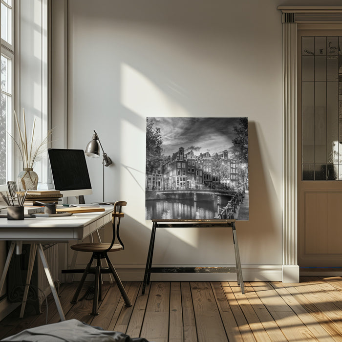 AMSTERDAM Idyllic impression from Singel - Monochrome by Melanie Viola Square Canvas Print Art for Modern Home Decor. Decorate your office or living room with canvas artwork