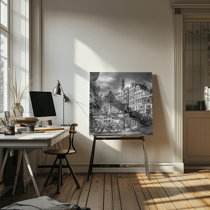 AMSTERDAM Flower Canal black & white by Melanie Viola Square Canvas Print Art for Modern Home Decor. Decorate your office or living room with canvas artwork