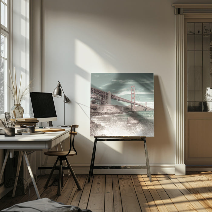 GOLDEN GATE BRIDGE Coastline Impression | urban vintage style by Melanie Viola Square Canvas Print Art for Modern Home Decor. Decorate your office or living room with canvas artwork