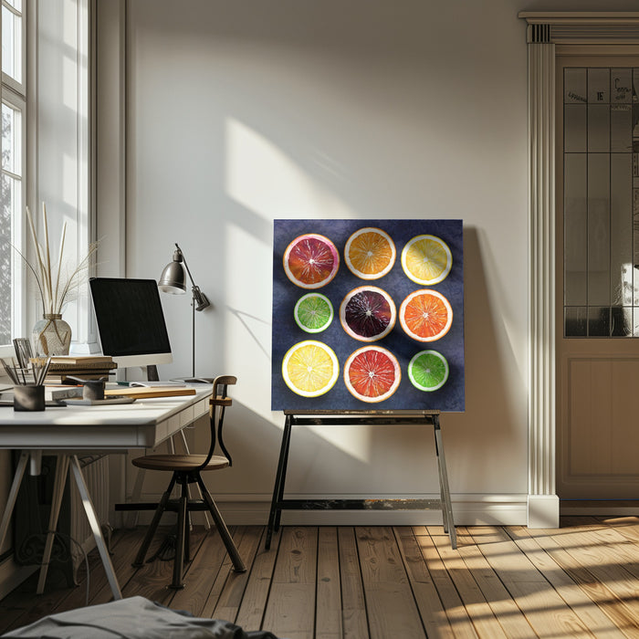Citrus energy by EMELIEmaria Square Canvas Print Art for Modern Home Decor. Decorate your office or living room with canvas artwork