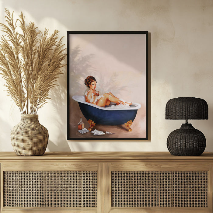Bathtub Drinks: Pinup Girl Drinking In Bathroom - The Whiskey Ginger Framed Art | Home or Office Art