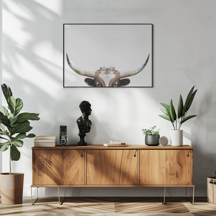 Peeking Longhorn Cow Framed Art Kathrin Pienaar | Home or Office Art