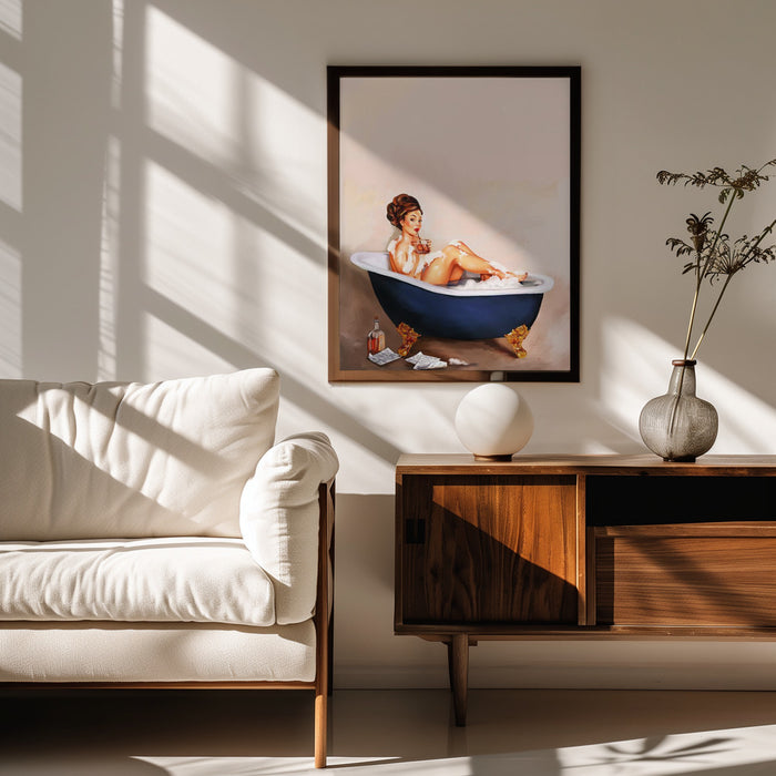 Bathtub Drinks: Pinup Girl Drinking In Bathroom - The Whiskey Ginger Framed Art | Home or Office Art