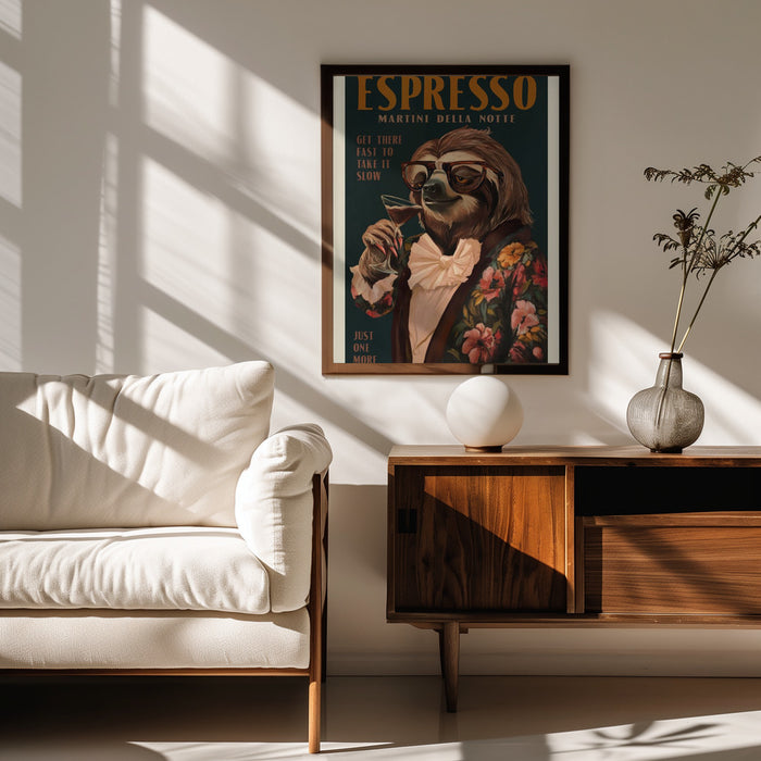 Art Deco Espresso Martini Drinking Sloth - The Whiskey Ginger Framed Art | Home or Office Art