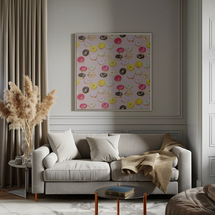 Watercolor donuts pattern in pink by Rosana Laiz Blursbyai Square Canvas Print Art for Modern Home Decor. Decorate your office or living room with canvas artwork