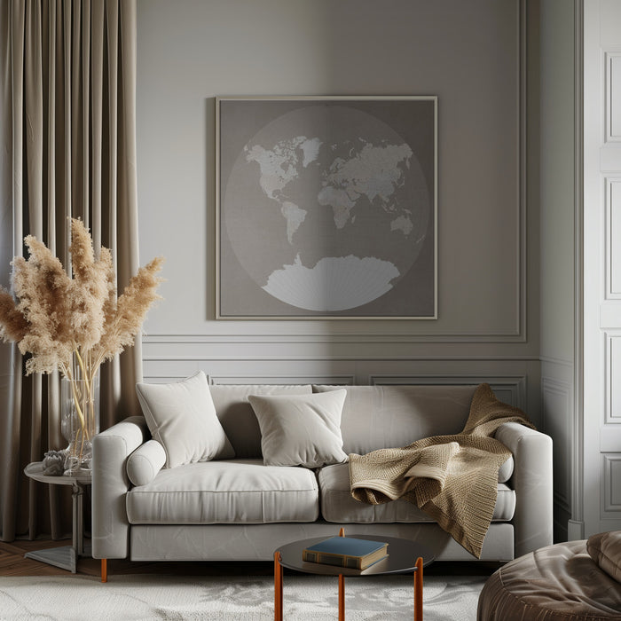 The world map in a circle muted brown Square Canvas Art Print  shopmodernmemory.com 