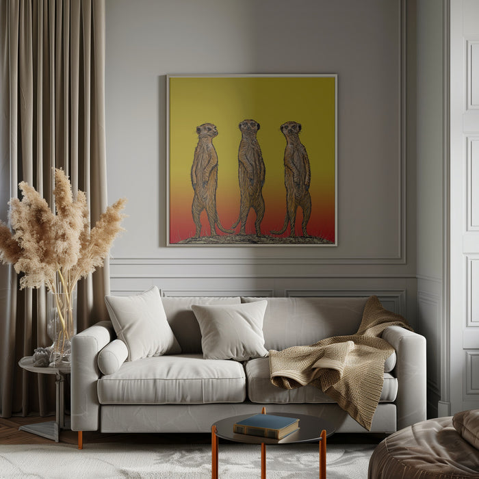 Meerkat Gang at Sunset by Carlo Kaminski Square Canvas Print Art for Modern Home Decor. Decorate your office or living room with canvas artwork