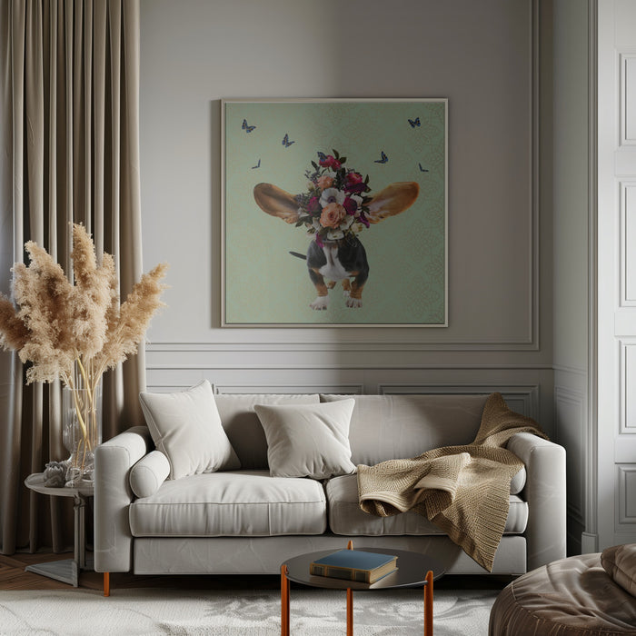 Spring Flower Bonnet On Doggy by Sue Skellern Square Canvas Print Art for Modern Home Decor. Decorate your office or living room with canvas artwork