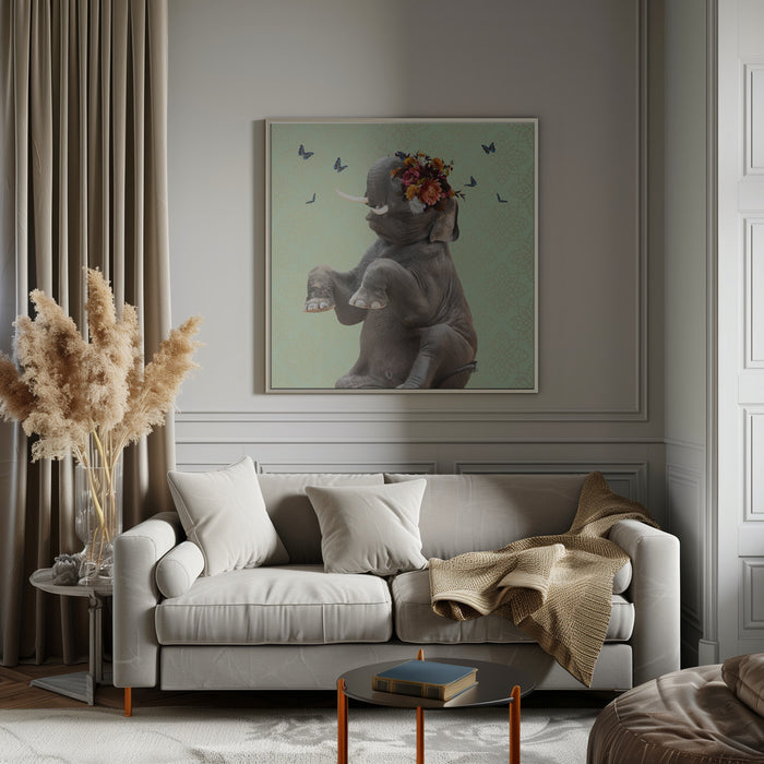 Spring Flower Bonnet On Elephant by Sue Skellern Square Canvas Print Art for Modern Home Decor. Decorate your office or living room with canvas artwork